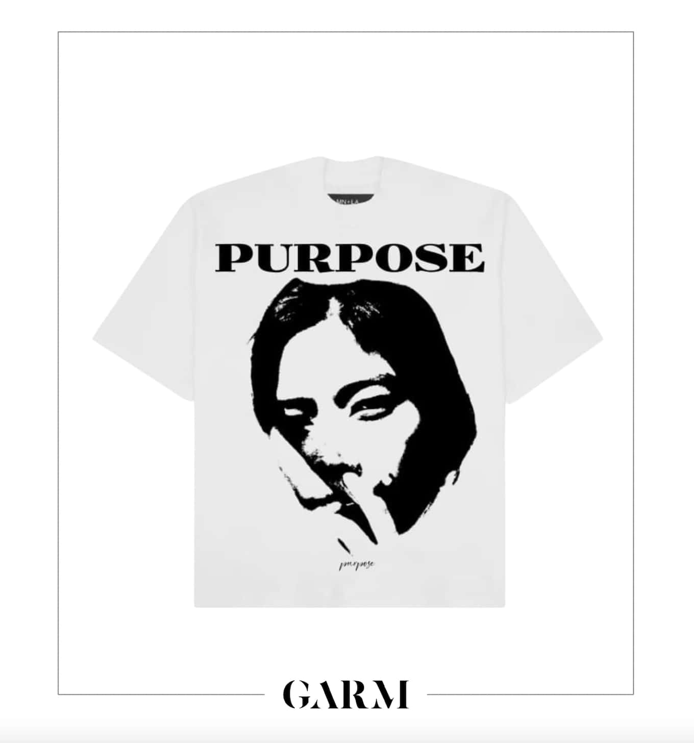 HER Purpose Apparel Tee by Purpose Apparel: White short-sleeved t-shirt with 'PURPOSE' above a graphic monochrome portrait, GARM logo at the bottom.